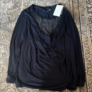 NWT Soft Sorroundings Womens Drape Front Beaded Neck Top XL Petite 3/4 Sleeve